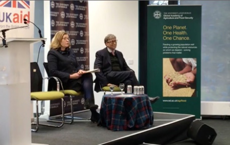 Photo of Bill Gates and Secretary of State Penny Mordaunt on stage at Roslin Innovation Centre - credit Roslin Innovation Centre 