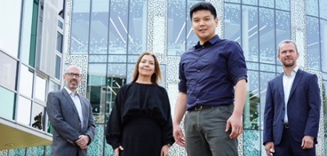 Andrew McNeill, Eos Advisory, with Wobble Genomics Nicola Broughton, Richard Kuo and John Duncan outside Roslin Innovation Centre - credit Stewart Attwood