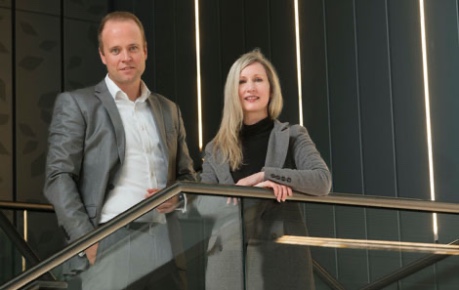 Cytomos David Rigterink and Lindsay Fraser on the atrium staircase at Roslin Innovation Centre