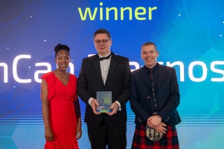 Scotland's Life Science Awards 2026 with CanCan Diagnostics, winner of Innovation: Animal Health, Agritech, and Aquaculture award, together with Angellica Bell (tv/radio presenter) and Gerry McLachlan (Roslin Institute)