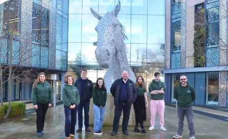 Carbogenics team outside Roslin Innovation Centre by statue of Canter